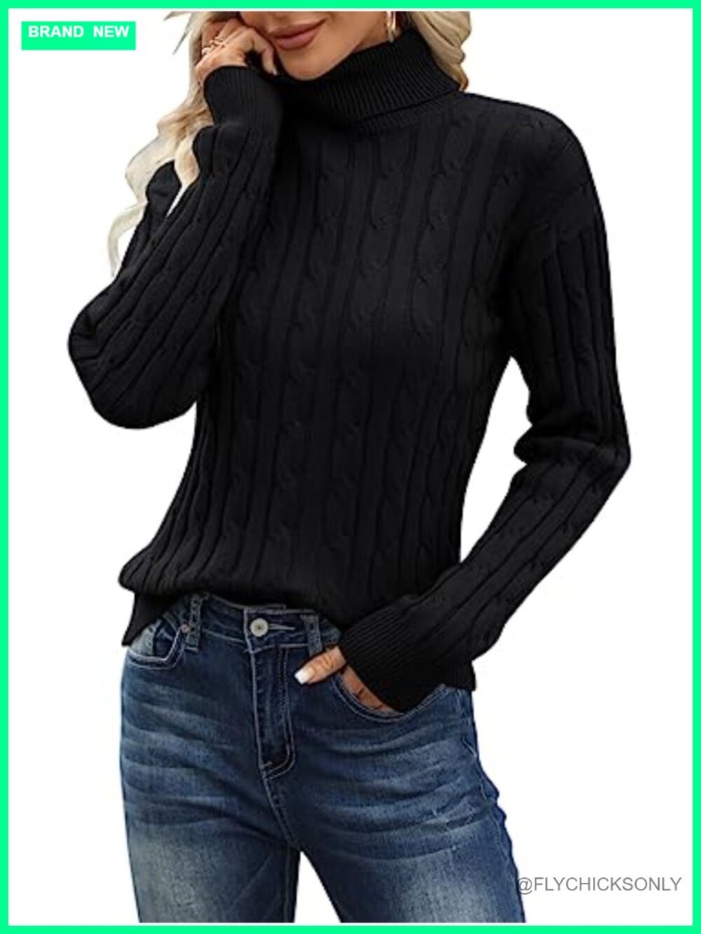 Cable Knit Turtleneck Pullover Sweater Long Sleeve Loose Fit